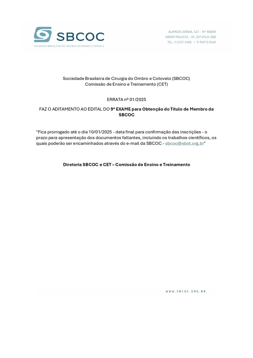 Aditamento ao edital do 9° EXAME para obtenção da prova de título SBCOC