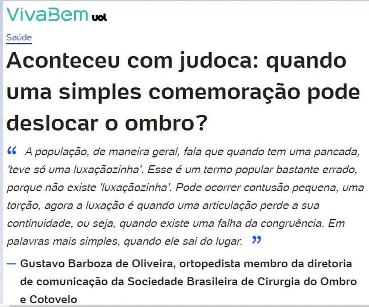Como uma simples comemoração pode deslocar o ombro? Especialista da SBCOC explica, em matéria do UOL VivaBem