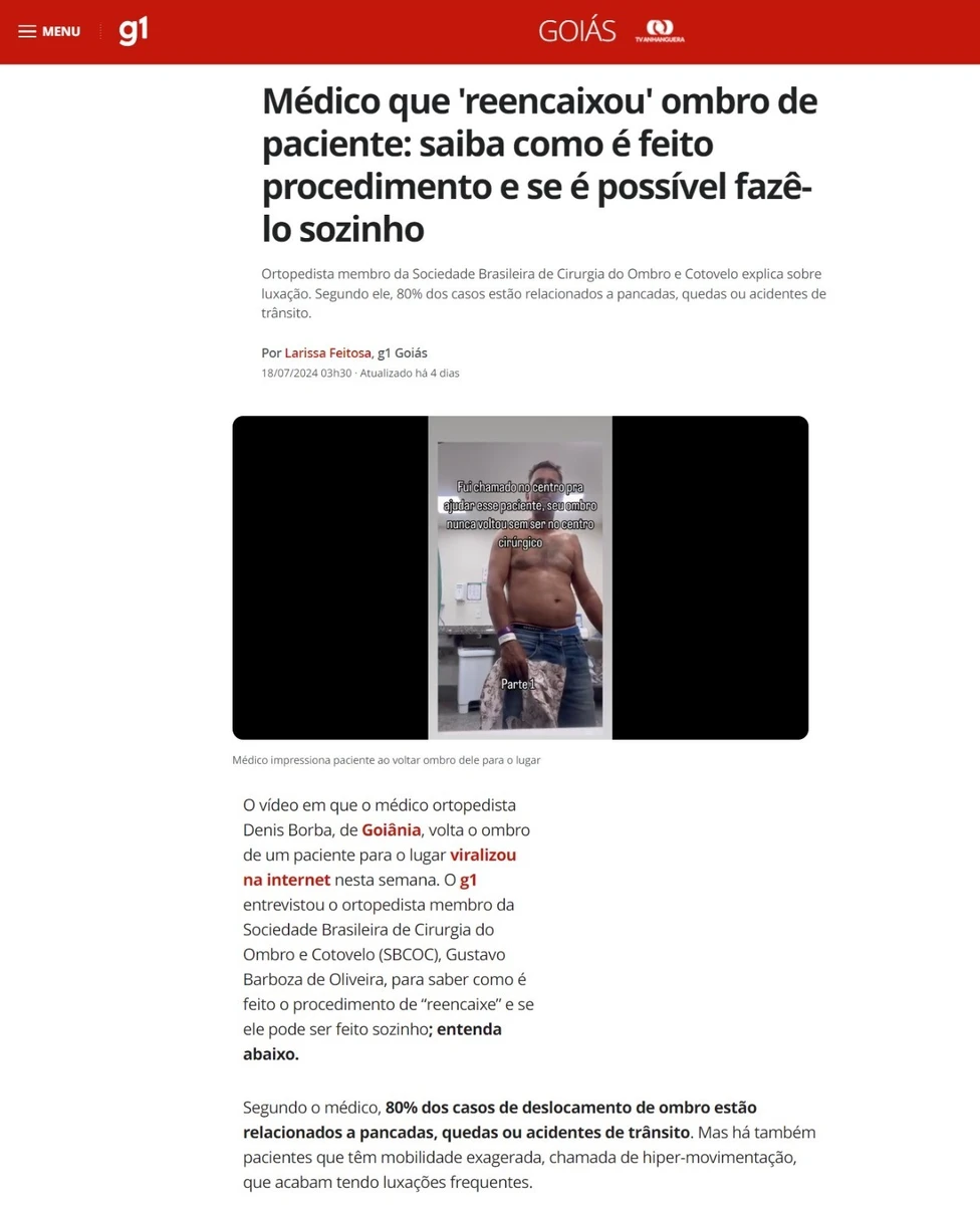 Em matéria da Globo.com, especialista da SBCOC explica procedimento de “redução” de ombro