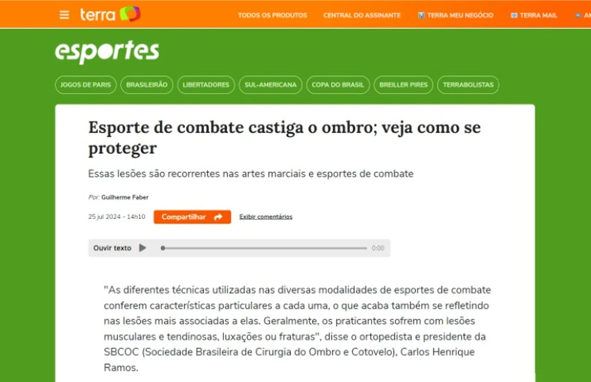 Esportes de combate: Presidente da SBCOC explica como prática impacta os ombros, em matéria do portal Terra