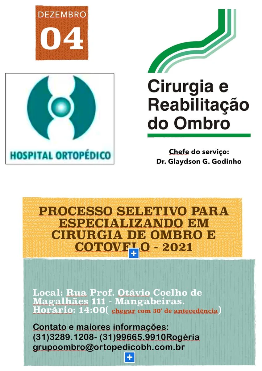 Inscrições abertas para R4 em ombro no Hospital Ortopédico de Belo Horizonte