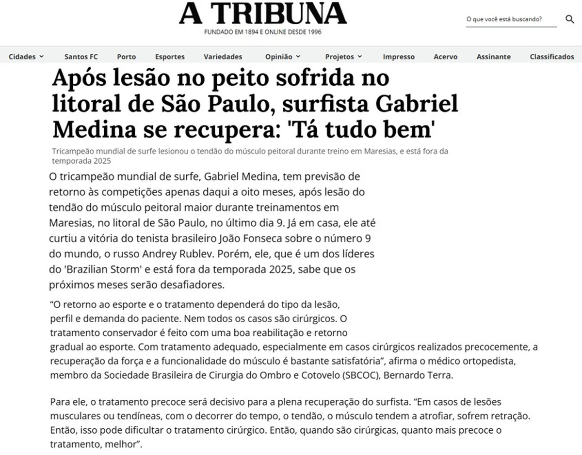 Médico da SBCOC fala à A Tribuna sobre lesões como a que afetou Gabriel Medina