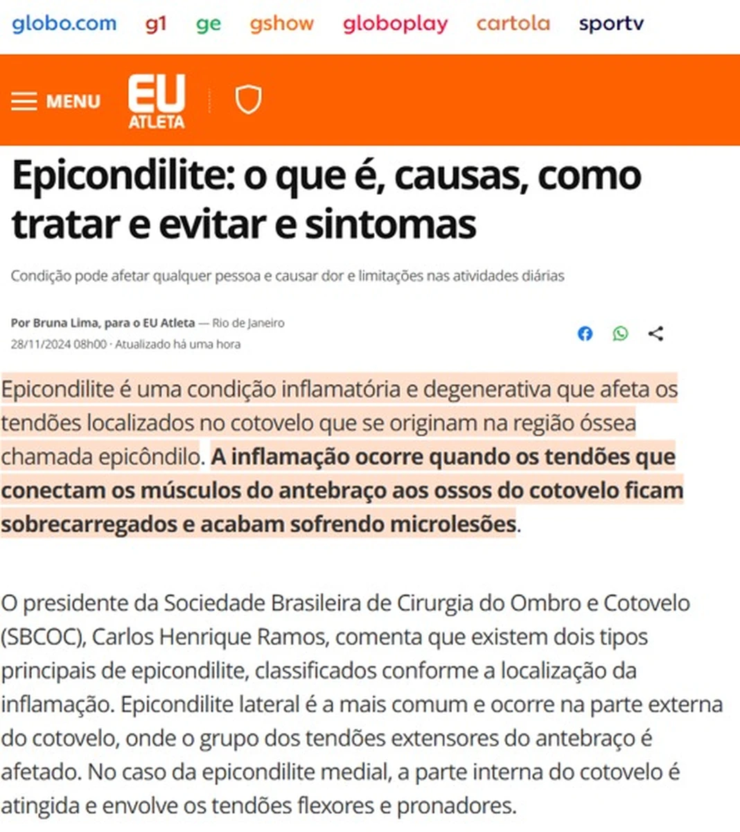 SBCOC explica sobre epicondilite, na seção Eu Atleta, da Globo.com