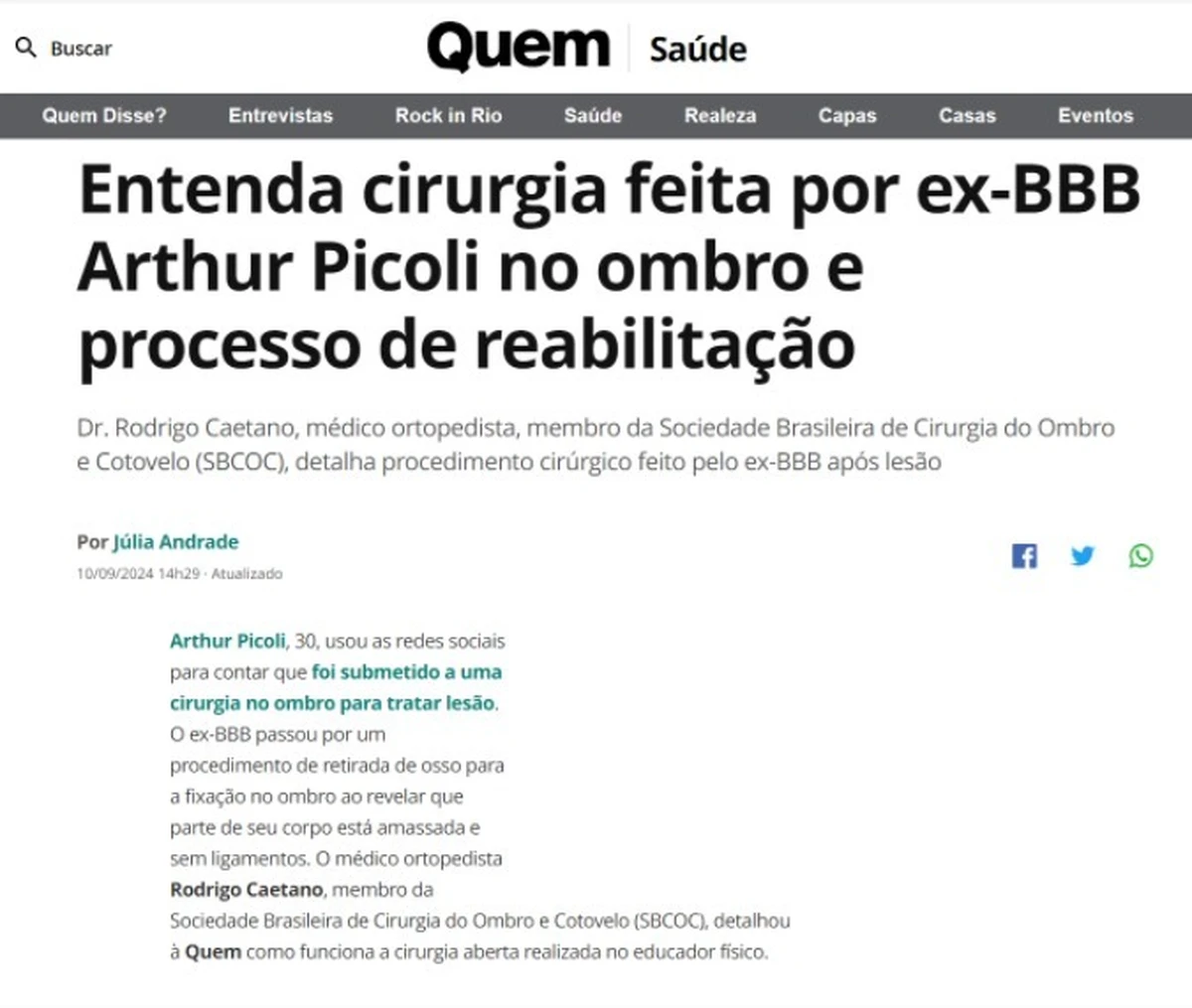 SBCOC na Mídia: Especialista explica à Revista QUEM sobre cirurgia no ombro do ex-BBB Arthur Picoli
